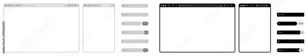 Poster browser window website mockup template with frames for pc, laptop, tablet, and mobile. includes ligh