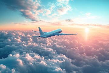 Airplane above colorful clouds at sunset