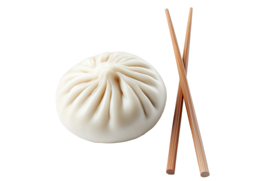 Traditional steamed Chinese bao bun with wooden chopsticks isolated on white transparent background, representing Asian cuisine and culinary culture - Powered by Adobe