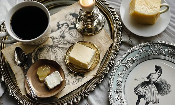 Vintage breakfast scene with coffee, butter, and artwork on a tray