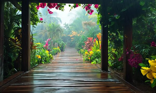 Vibrant tropical pathway adorned with colorful flowers under rain