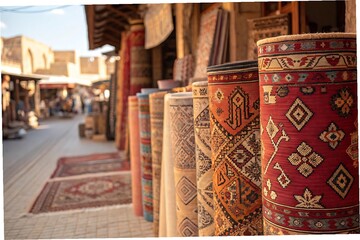 Vibrant Rolled Carpets with Intricate Patterns in a Cozy Marketplace Scene