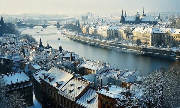Winter view of Prague showcasing snow-covered rooftops and bridges