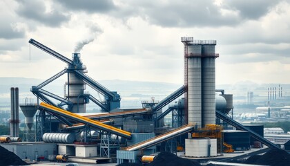 Fototapeta premium Industrial Plant with Smoke Stacks and Conveyors