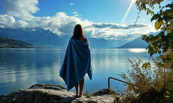 Woman wrapped in a blue blanket gazing at a serene lake landscape