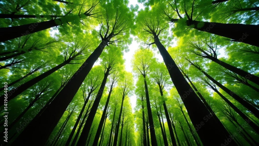 Aufkleber expansive view of tall trees stretching towards the bright sky in a lush forest