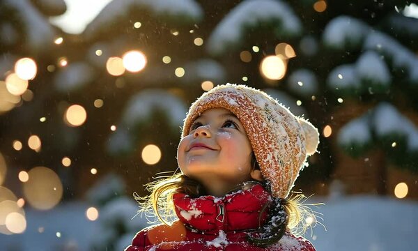 Young girl in winter attire gazes upward, surrounded by falling snowflakes