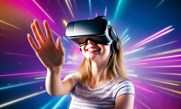 Young woman enjoying virtual reality experience with colorful lights