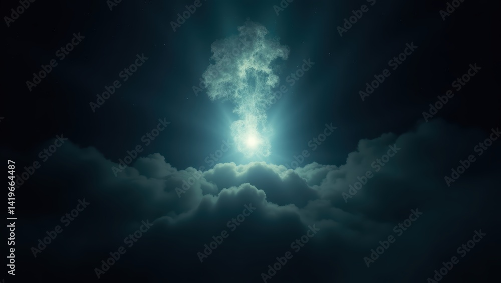 Poster Mysterious light shining through dark clouds at night in a surreal celestial display
