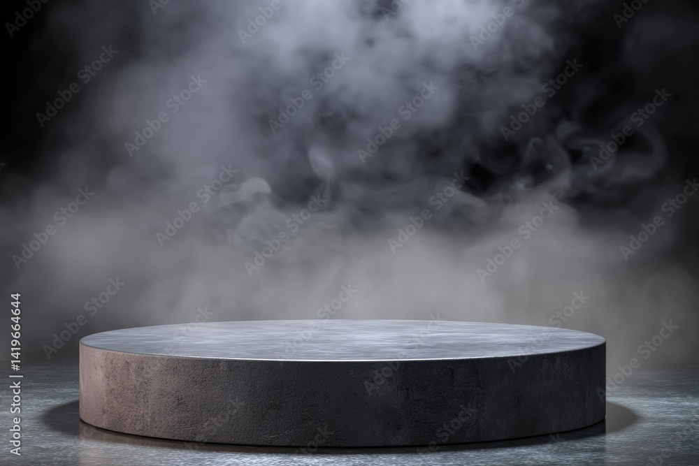 Poster a circular platform surrounded by swirling fog, creating a dramatic and mysterious atmosphere.