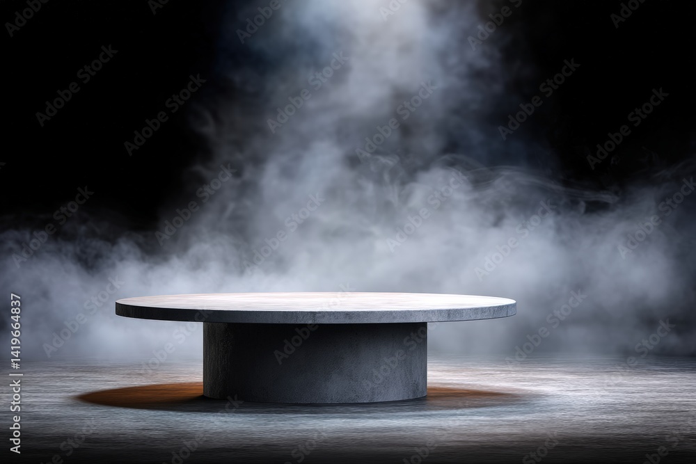 Poster a minimalist podium surrounded by fog and dramatic lighting, creating a mysterious and atmospheric s