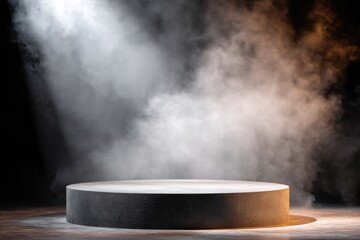 A circular platform illuminated by dramatic lighting, surrounded by swirling smoke, creating a mysterious and theatrical atmosphere.