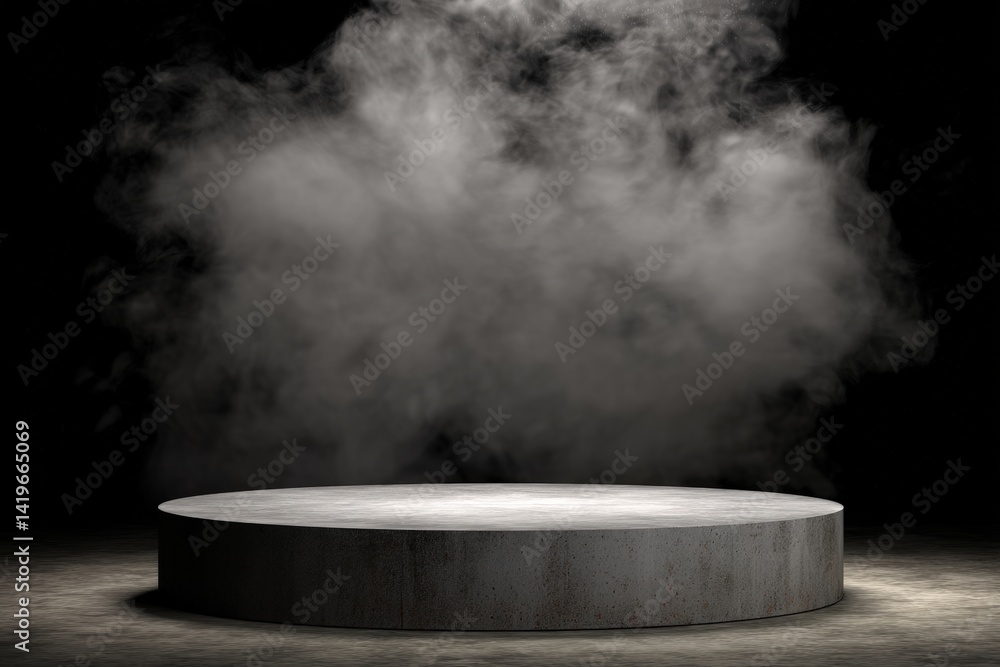 Poster a circular platform is shrouded in swirling smoke, creating a mysterious and dramatic atmosphere aga
