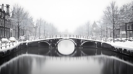 Amsterdam canal scene in winter, flat minimalist style, snow-covered rooftops as light silhouettes, monochrome color scheme, frozen water reflections, classic houses and bridge in geometric shapes,
