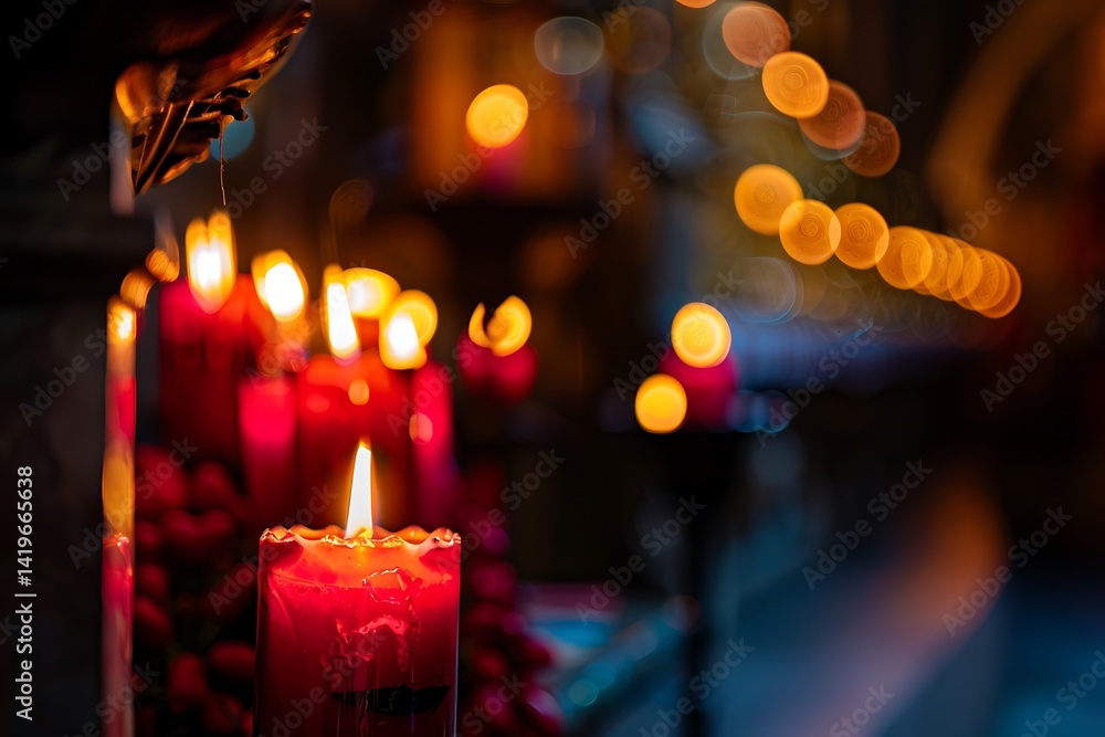 Poster red candles burning with warm light in the dark with bokeh background