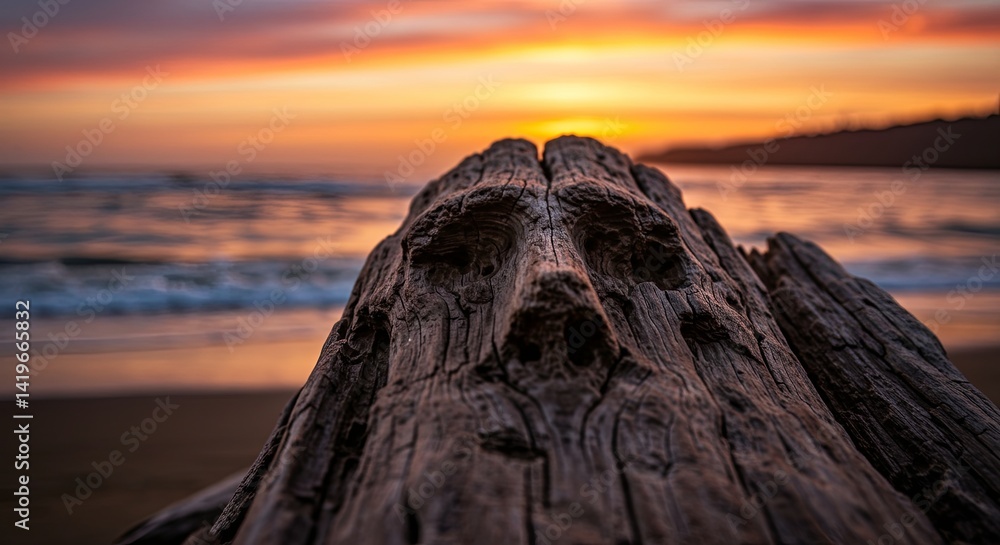 Aufkleber A large log with a face carved into it sits on the beach