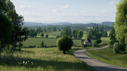Scenic Country Road Through Lush Green Fields