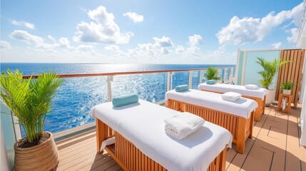 Obraz premium A serene spa area on a cruise ship, featuring two massage tables with towels, surrounded by lush greenery and a stunning ocean view.