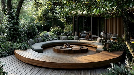Fototapeta premium Cozy Outdoor Lounge Area Surrounded by Lush Greenery and Natural Light in Bright Garden Setting