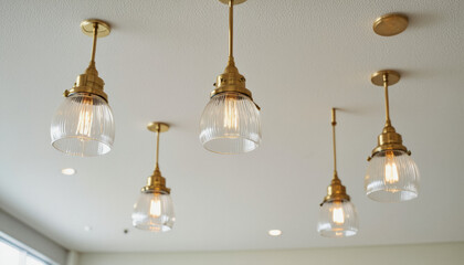 Obraz premium Modern interior design architecture photography: Brass and glass pendant lights hang from a white ceiling, illuminating a modern interior with a warm, inviting glow.