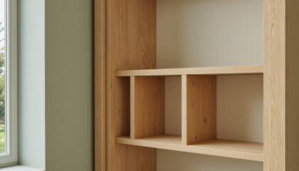 Modern interior design architecture photography: A light wood shelving unit with open compartments stands against a neutral-toned wall next to a window with blurred greenery visible outside.