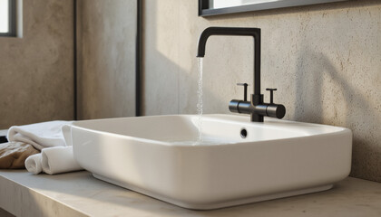 Fototapeta premium Modern interior design architecture photography: A modern bathroom features a rectangular white sink with a matte black faucet, set against a textured beige wall and a marble countertop, creating a 