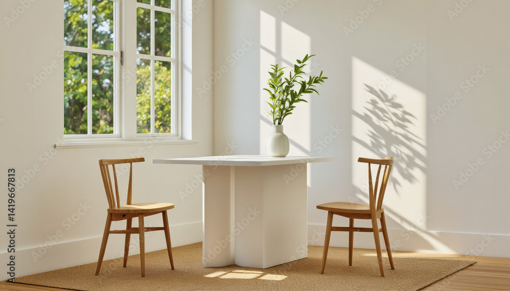 Poster modern interior design architecture photography: sunlight streams through a window, illuminating a m