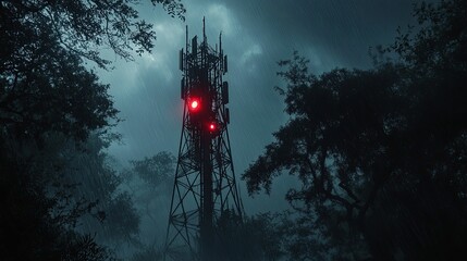 Mysterious communication tower shrouded in fog at night.