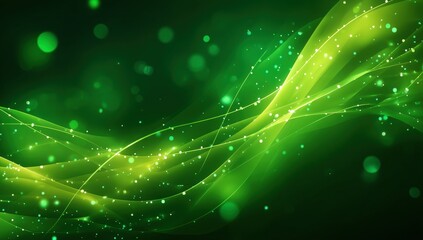 A vibrant green abstract background with flowing lines and glowing dots, creating a dynamic and energetic atmosphere.