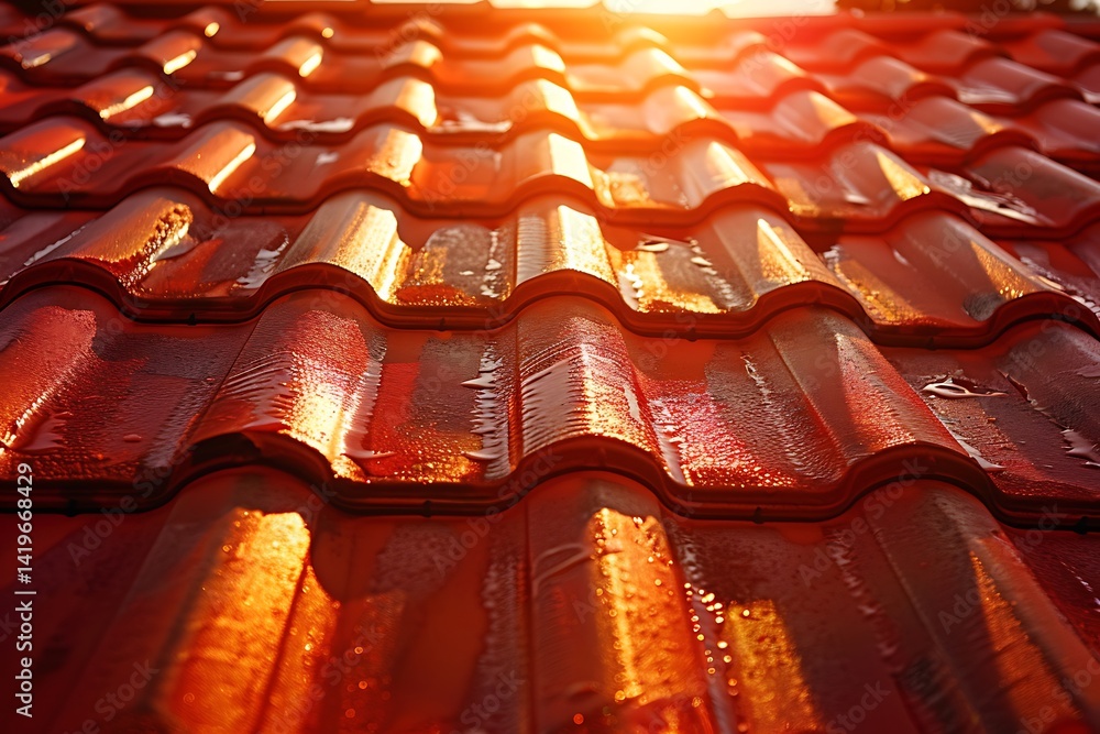 Poster red tiled roof surface with repeating geometric pattern and sunlight reflections