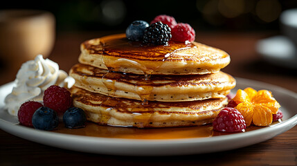 Pancake Stack with Berries and Syrup on Rustic Plate
