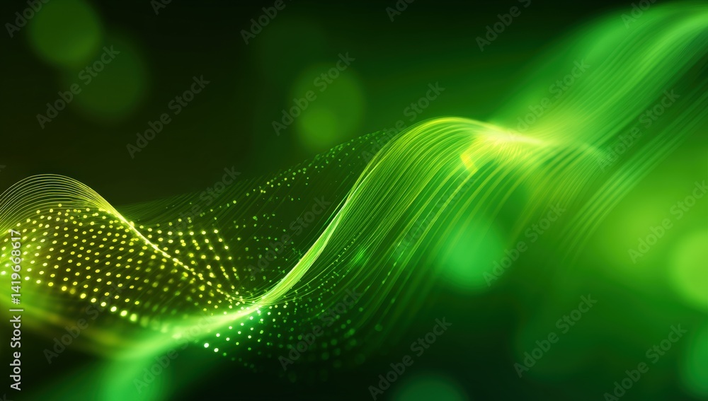 Poster a vibrant, flowing pattern of green waves with luminous dots, creating a sense of movement and energ