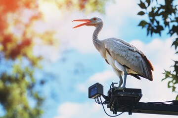 Obraz premium White stork perched on a pole singing under the blue sky with trees in the background