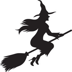 Flying Witch on Broom Silhouette, Halloween EPS Vector Art,llustration on white background