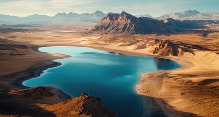 Lake surrounded by sand dunes and mountains