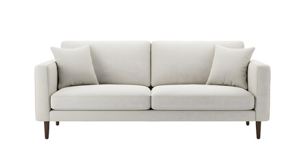 A modern, minimalist white sofa with soft cushions in a bright, airy living room setting, enhancing comfort and style