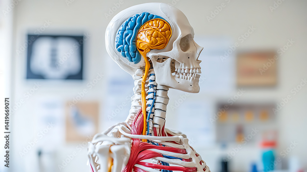 Poster exploring human anatomy skeleton model with nervous system science classroom educational display aca