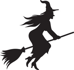 Flying Witch on Broom Silhouette, Halloween EPS Vector Art,llustration on white background