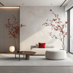 Modern minimalist living room with cherry blossom branches and a white sofa