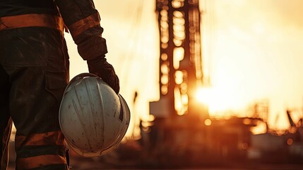 Oil rig worker holds safety helmet at sunset.