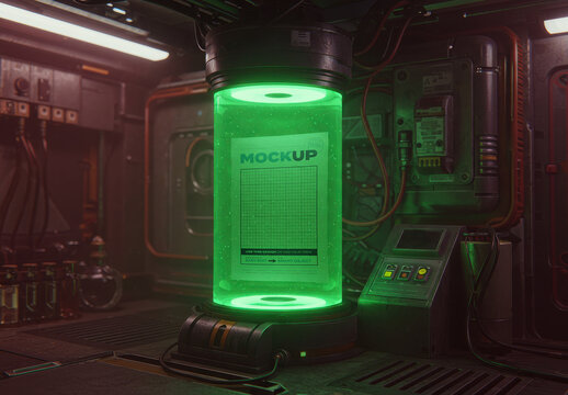 Page Poster Mockup Floating in Green Liquid Capsule in Lab