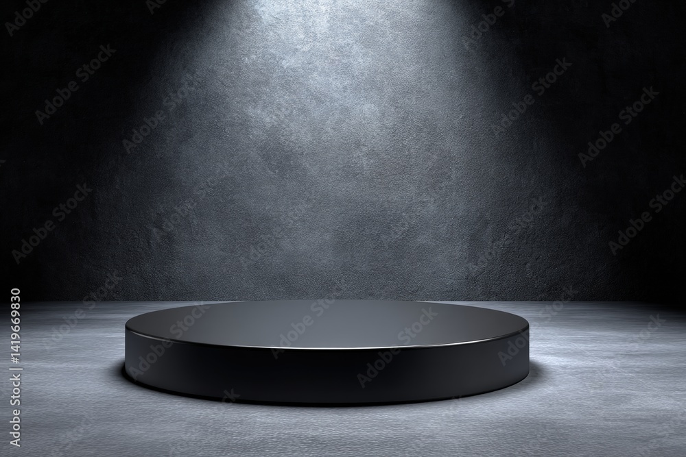Poster a minimalistic circular platform is illuminated by a spotlight against a textured dark background, c