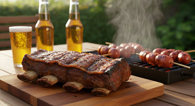 "Brazilian Barbecue with Juicy Beef Ribs, Grilled Sausages and Cold Beer &ndash; Authentic Outdoor BBQ Scene"