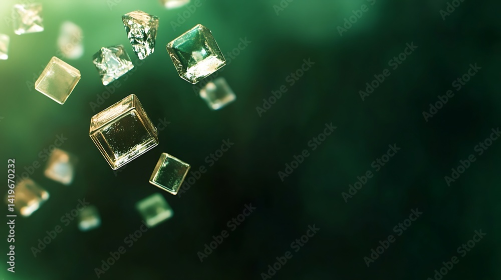 Poster floating transparent cubes in a soft green background, creating a dreamy and abstract atmosphere