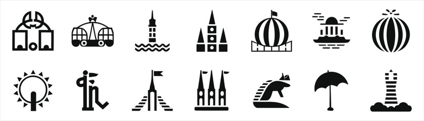 Simple Black and White Icons of Tourist Attractions..