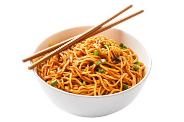 Tasty stir-fried Dan Dan noodles with green onions in white bowl, isolated on white transparent background, concept of Asian cuisine