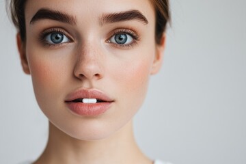 Fototapeta premium Woman with white capsule between her lips in close-up 