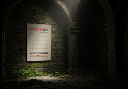 Poster Mockup in Dark Dungeon Chamber with some Light