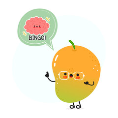 An animated Mango character exclaims bingo with a joyful brain, celebrating a successful moment.