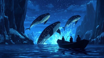 Pixel Art Whales Leap in a Dark Blue Night Ocean